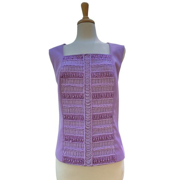 Louise Ricci Top Blouse Sz 18 Purple Beaded square Neckline Rhinestone Y2K Glam - Picture 3 of 16